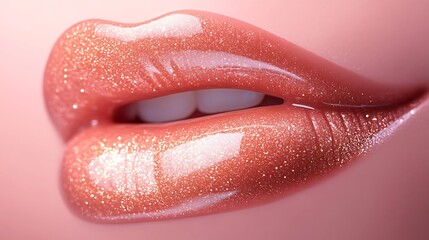 Fototapeta premium A soft focus close-up of lips with a warm rose tone, glossy and slightly parted, fine details of natural texture illuminated by diffused warm light, set against a blurred pastel pink backdrop,