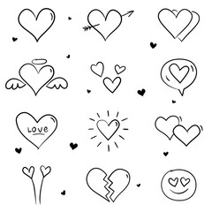 Cute hand drawn doodle vector icon set of heart shape. Valentine's Day love icons collection.