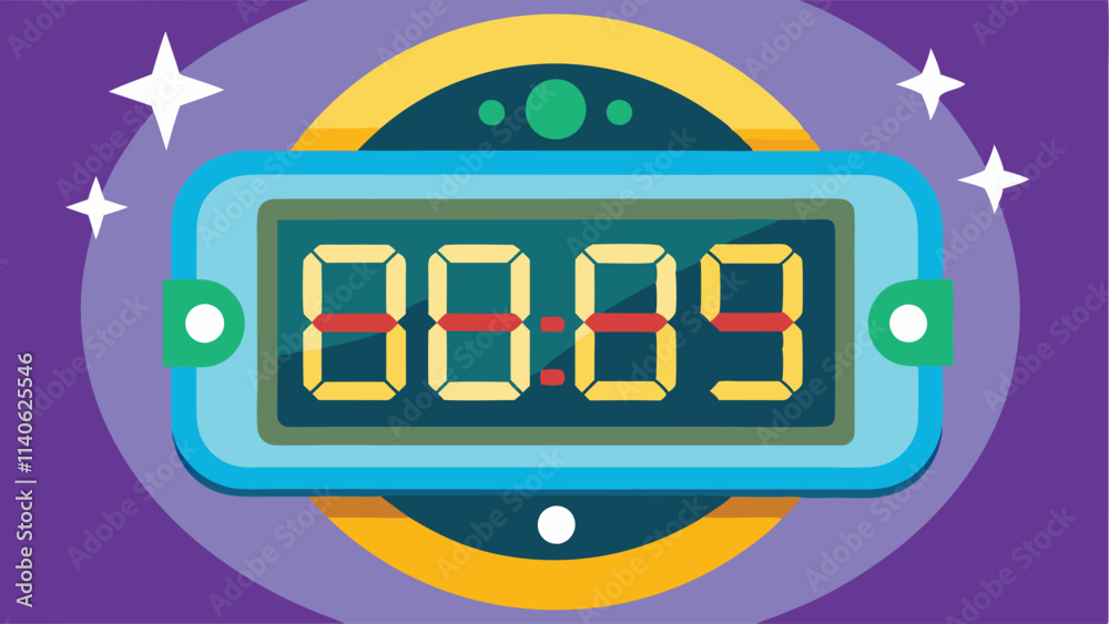 Aufkleber digital timer displaying countdown with vibrant colors and playful design set against a purple backg