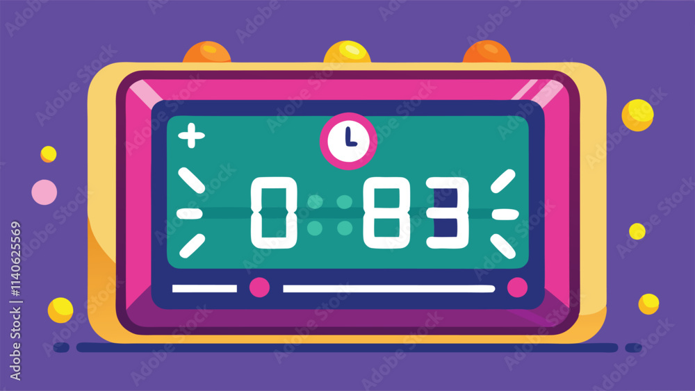Aufkleber digital timer displaying countdown with vibrant colors and playful design set against a purple backg