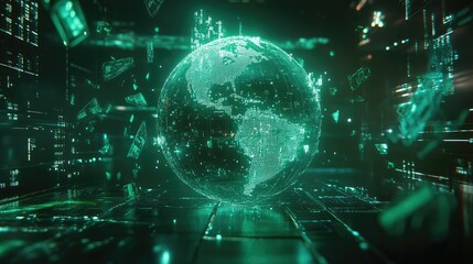 A 3D digital globe surrounded by floating network nodes and trade icons, glowing holographic effects, futuristic, high resolution, neon blue-green palette
