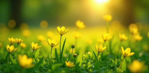 Fototapeta premium A meadow of yellow blooms glistens in the morning dew, grass, fresh, morning light