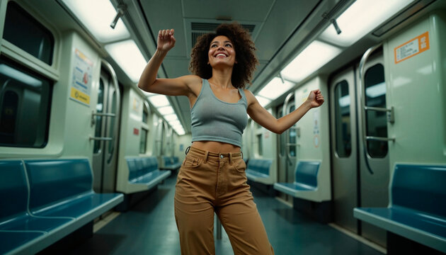 Young woman dancing alone in an empty subway train
