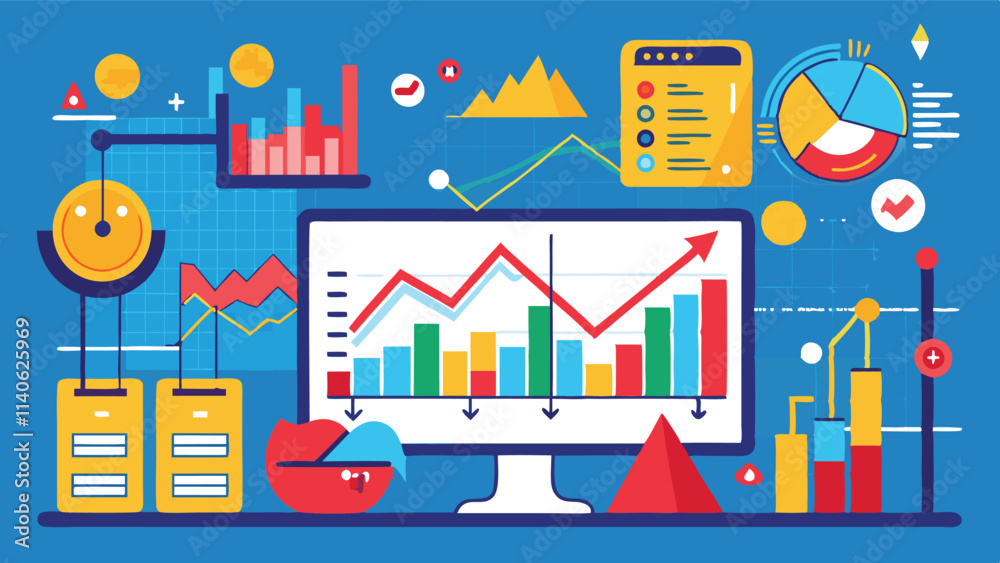 Poster dynamic growth graphs and analytical tools in a colorful vector design showcasing business metrics a