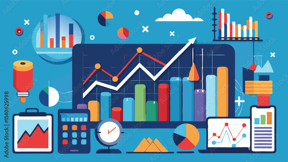 Poster dynamic growth graphs and analytical tools in a colorful vector design showcasing business metrics a