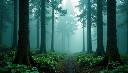 Fototapeta premium A misty forest with towering trees and dense undergrowth, atmosphere, trees