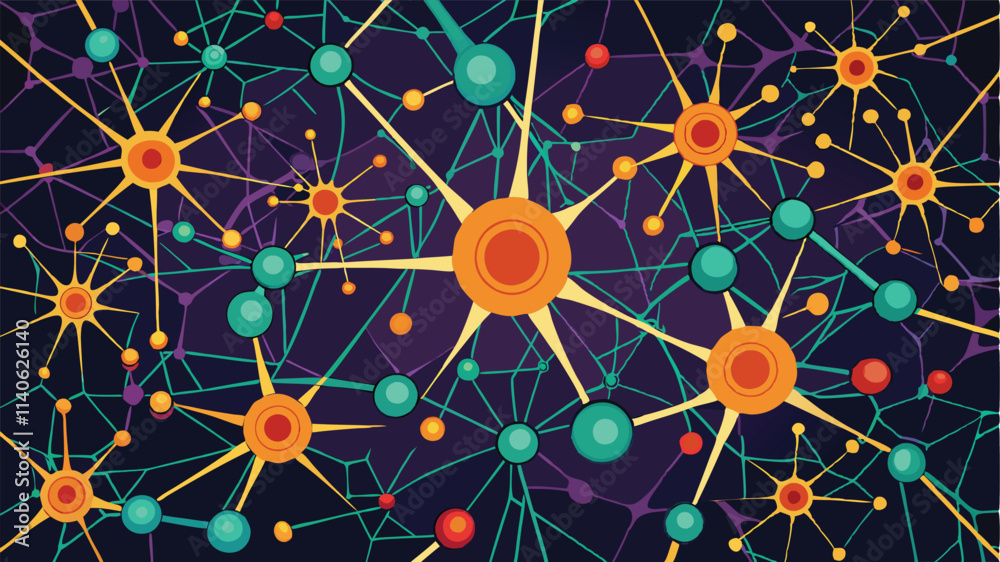 Leinwandbilder Colorful abstract vector representation of a network of interconnected cells or molecules on a dark background