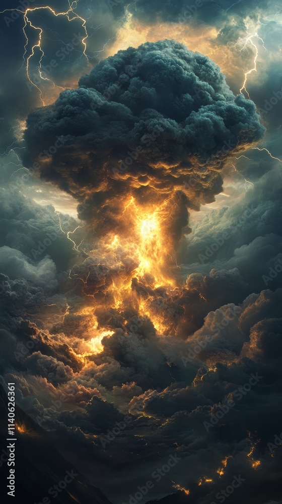 Wall mural lightning is striking inside a huge volcanic eruption creating an apocalyptic scene