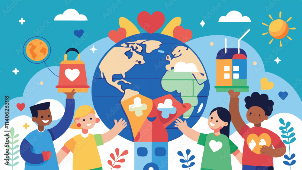 Aufkleber diverse community gathering around a colorful globe representing unity, culture, and connection amon