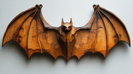 Naklejka premium Intricate wooden bat sculpture, detailed carving, dark brown wood, animal art, wall decor.