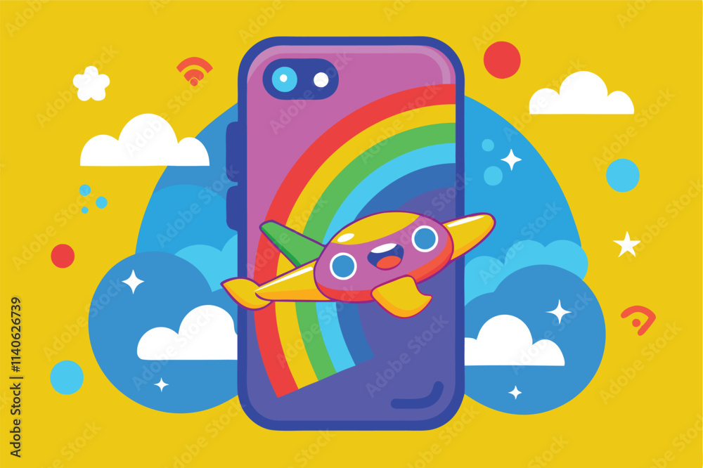 Poster vector illustration of a colorful phone case featuring an airplane and a vibrant rainbow against a c