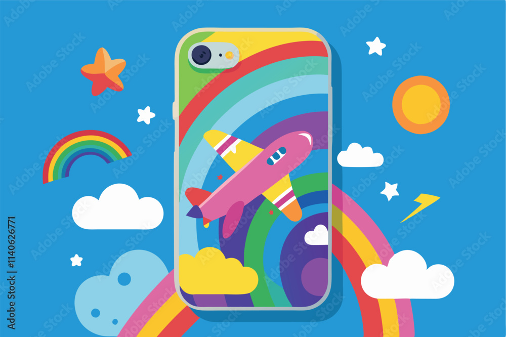 Poster vector illustration of a colorful phone case featuring an airplane and a vibrant rainbow against a c