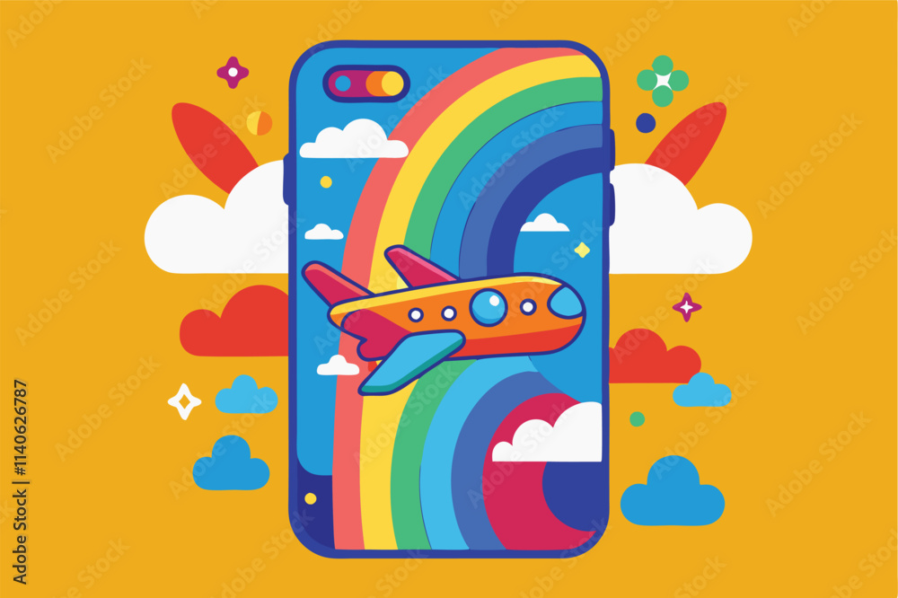 Poster vector illustration of a colorful phone case featuring an airplane and a vibrant rainbow against a c