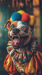 Scary clown dog showing teeth wearing colorful wig and costume