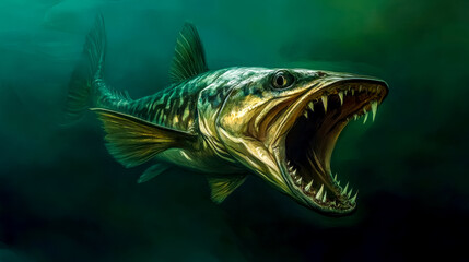 Northern pike fish opening mouth showing sharp teeth in dark water
