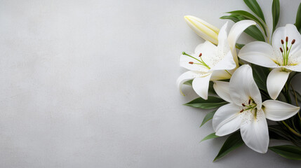 serene bouquet of white Easter lilies on soft gray background