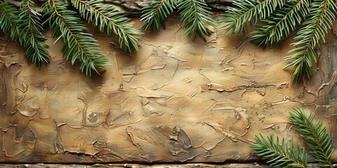 Rustic textured brown wooden background adorned with fresh green pine branches artfully arranged along the edges creating a festive atmosphere