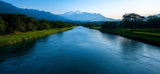 Serene river flowing through lush green landscape with majestic mountains in the background.