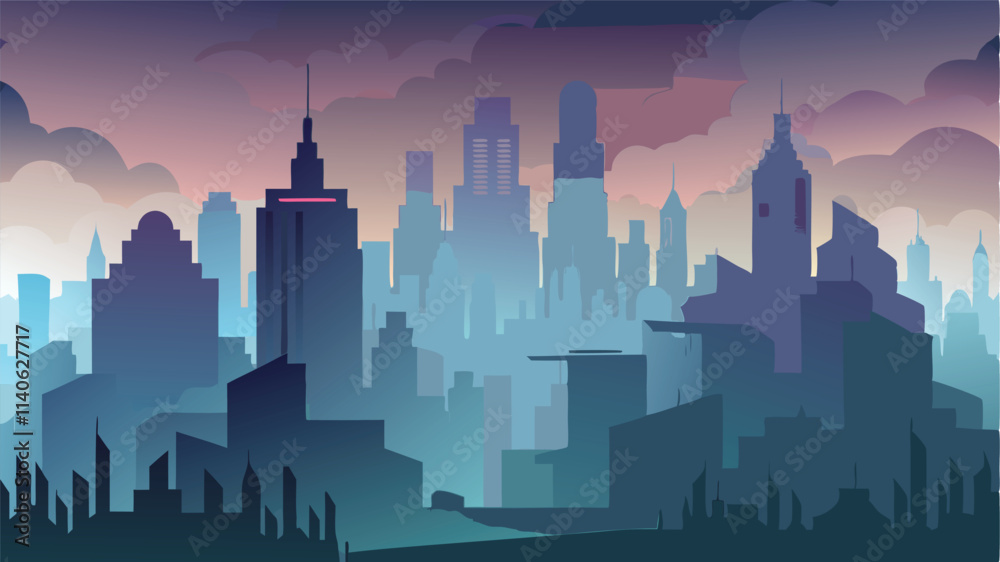 Poster urban skyline at dusk showcasing towering buildings and dramatic clouds with a muted color palette i