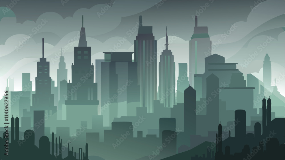 Poster urban skyline at dusk showcasing towering buildings and dramatic clouds with a muted color palette i