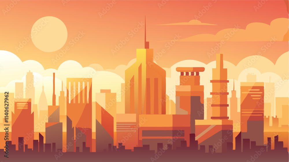 Poster vibrant sunset over a modern skyline with skyscrapers and clouds in a vector illustration