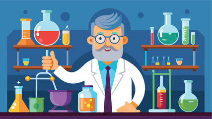 Scientist conducting experiments in a laboratory with various glassware and colorful liquids in a vector design