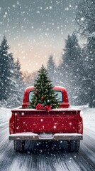 Red pickup truck carrying christmas tree on snowy road