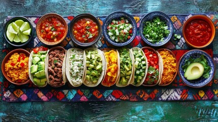 Variety of colorful tacos and fresh toppings displayed on a vibrant woven cloth