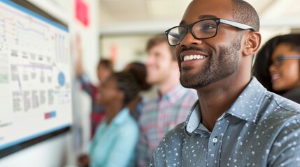 Collaborative corporate team meeting utilizing digital tools for strategic marketing data analysis