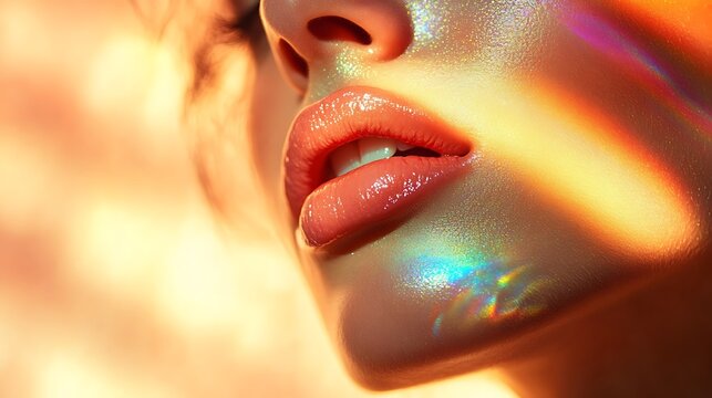 Full lips in a light peach tint, subtle glossy finish with a dewy glow, illuminated by warm natural light, sharp focus on fine textures, surrounded by a blurred pastel background,