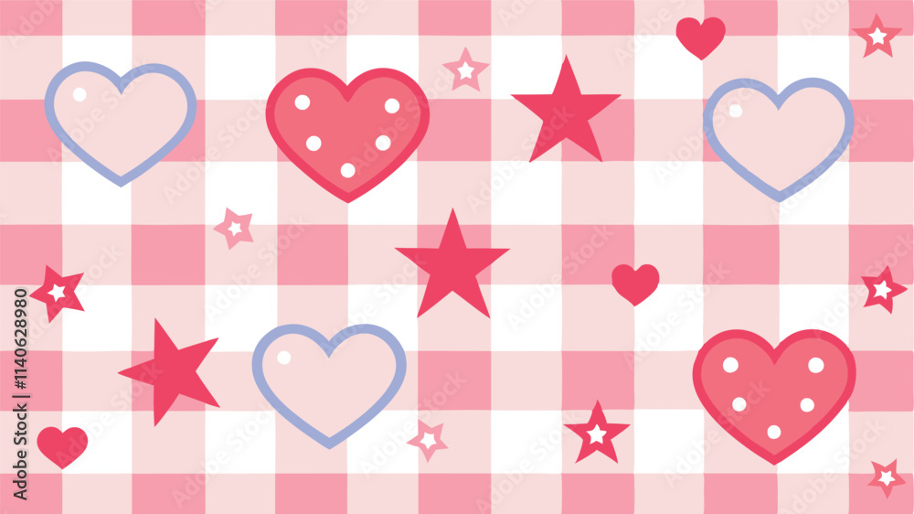 Poster colorful hearts and stars pattern on a blue and white checkered background for cheerful design proje