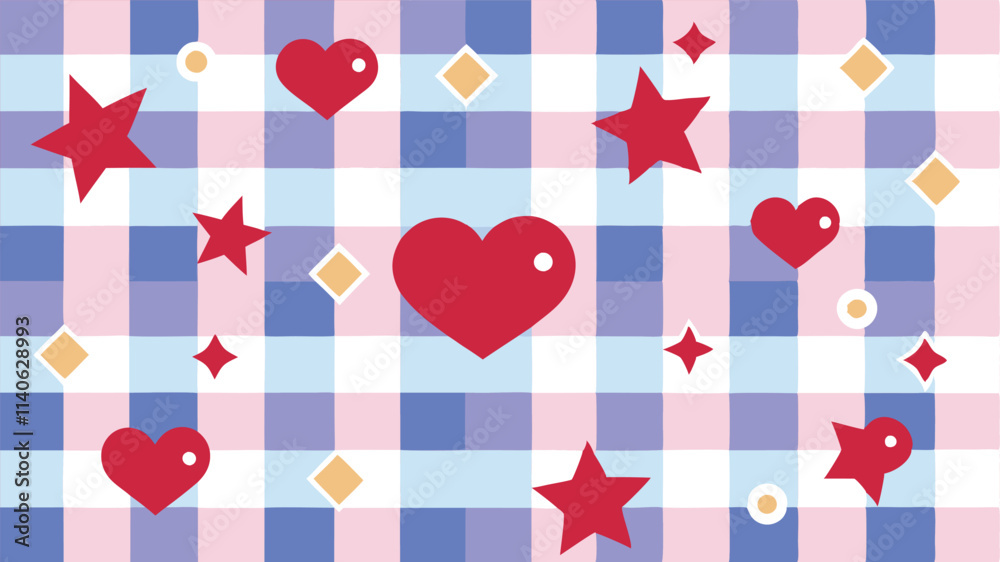 Poster colorful hearts and stars pattern on a blue and white checkered background for cheerful design proje