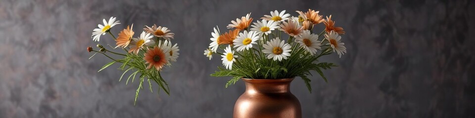 a sprig of daisy blooms in a small copper vase, nature scenes, flower arrangement