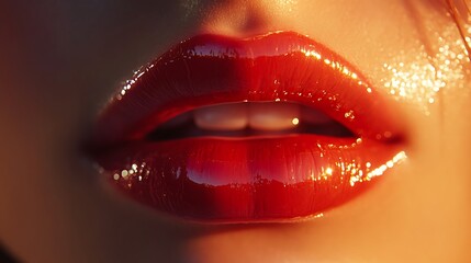 Obraz premium Full lips with a glossy scarlet tint, radiant with a dewy, high-shine finish under soft ambient lighting, ultra-sharp focus on realistic textures, with a blurred warm-toned background,