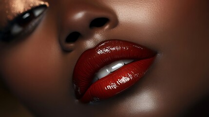 Obraz premium Full lips with a glossy scarlet tint, radiant with a dewy, high-shine finish under soft ambient lighting, ultra-sharp focus on realistic textures, with a blurred warm-toned background,