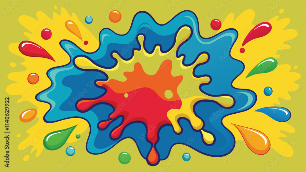 Poster colorful splash design with vibrant shapes and droplets on a bright background capturing playful art