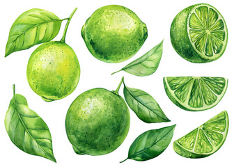Watercolor lime set with green leaves, sliced citrus fruits botanical painting tropical illustration fresh food isolated