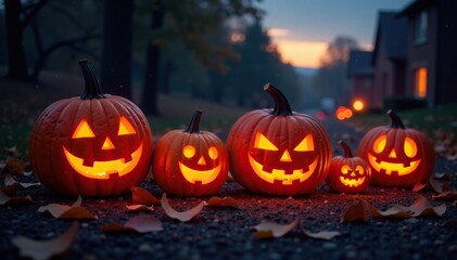 Carved jack-o-lanterns light up the darkening evening sky, lanterns, glow
