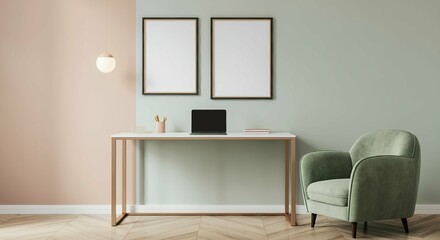 An interior study room with blank rectangular photo frames on the wall 3d illustration mock-up template.