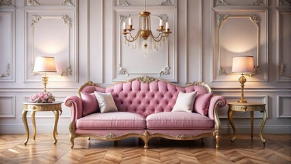 Pink Vintage Sofa, Luxurious Living Room, Minimalist Interior Design, Elegant Decor, Ornate Furniture, Retro Home