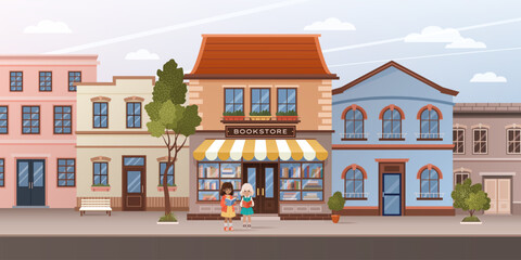 Facade of bookstore on city street. Urban landscape with buildings, apartments, road, sidewalk. Scene of two little girls reading and standing near book shop in house. Horizontal vector illustration. © Iuliia Savko