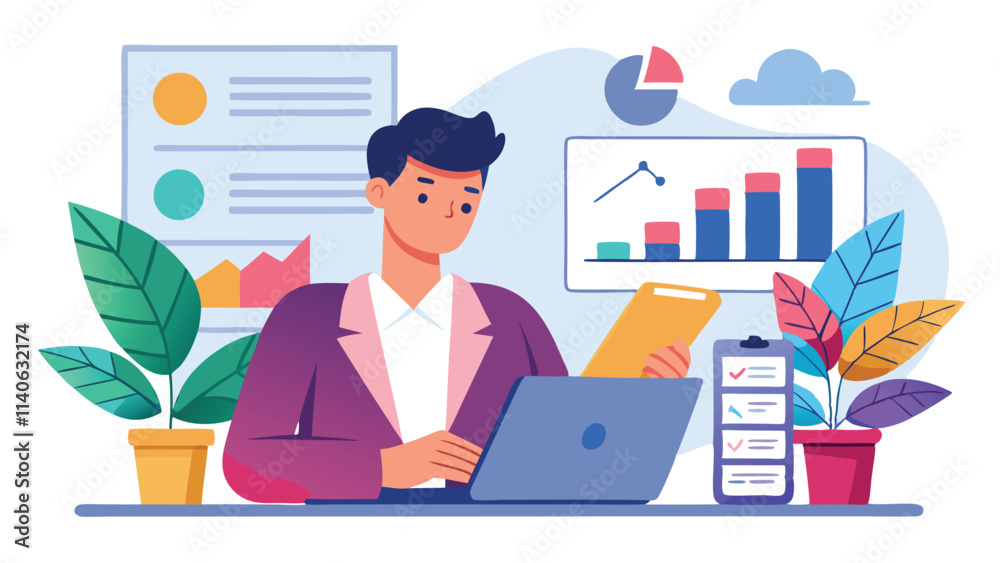 Poster business professional using laptop in modern workspace with charts and plants for productivity and c
