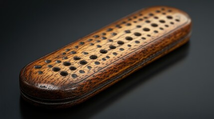 Close-up view of a vintage wooden cribbage board showcasing beautifully crafted peg holes on a smooth dark background, evoking a sense of nostalgia and timeless craftsmanship