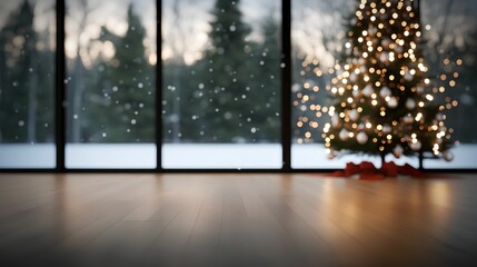 Cozy winter scene with a decorated Christmas tree and snowy landscape.