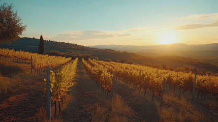 Obraz premium Serene Tuscan vineyard sunset golden hour, peaceful harvest scene