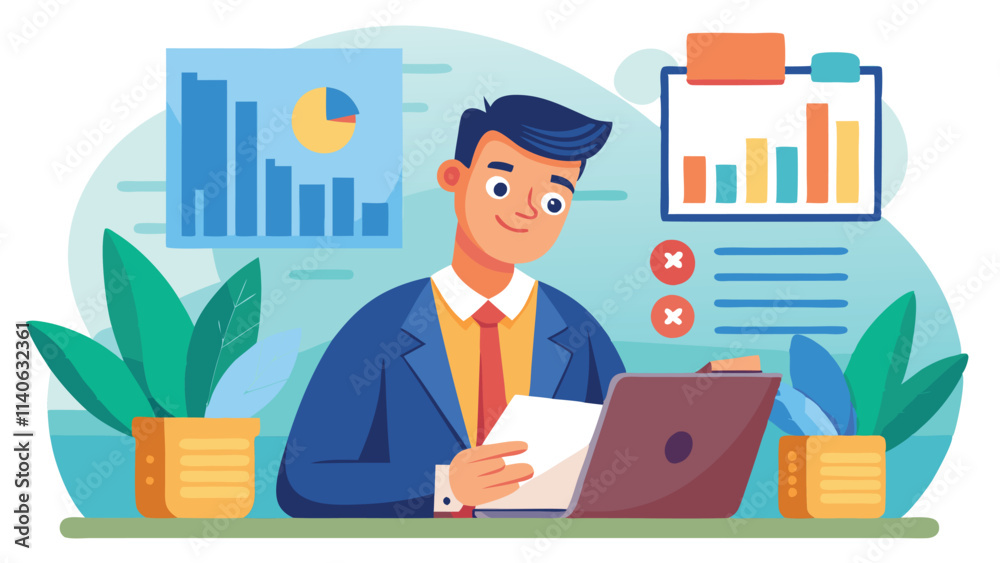Aufkleber business professional using laptop in modern workspace with charts and plants for productivity and c