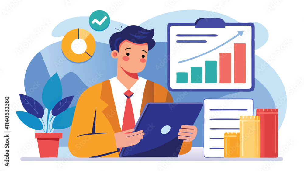 Aufkleber business professional using laptop in modern workspace with charts and plants for productivity and c