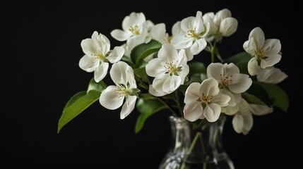Obraz premium White flowering branches in a vase against a dark background showcasing natural beauty