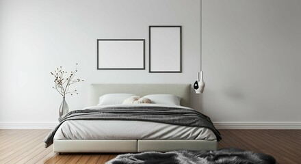 A master bedroom interior room with blank rectangular photo frames on the wall 3d illustration mock-up template.