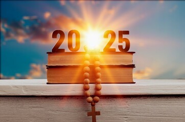 2025 new year with cross with sunrise background